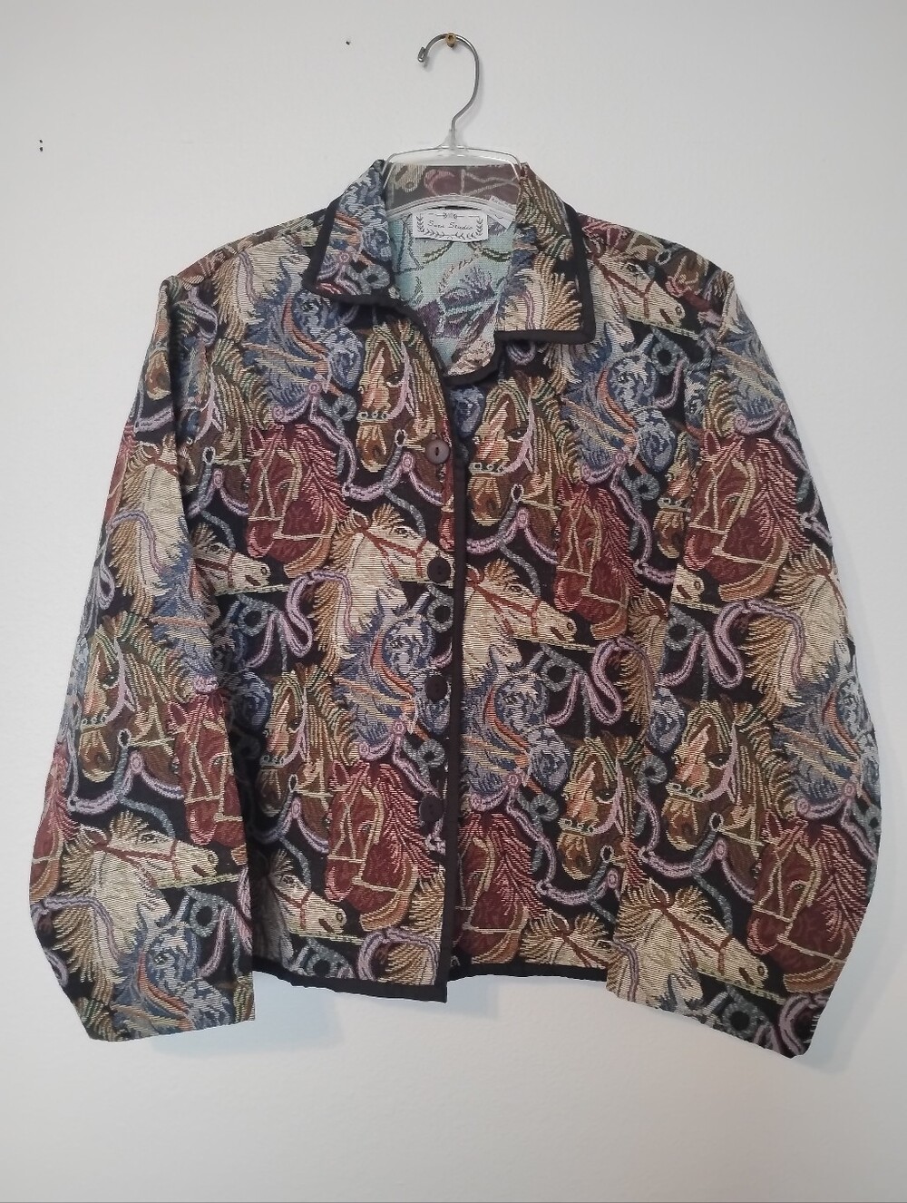 Vintage Sara Studio Horse Tapestry Black Button Up Jacket